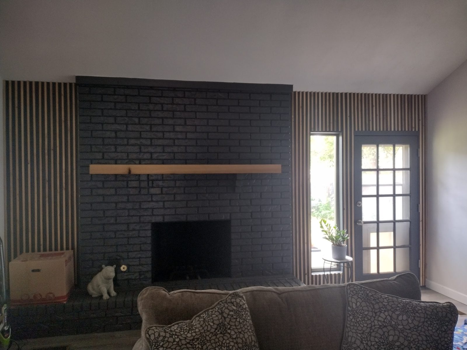 Fireplace and wood slat wall