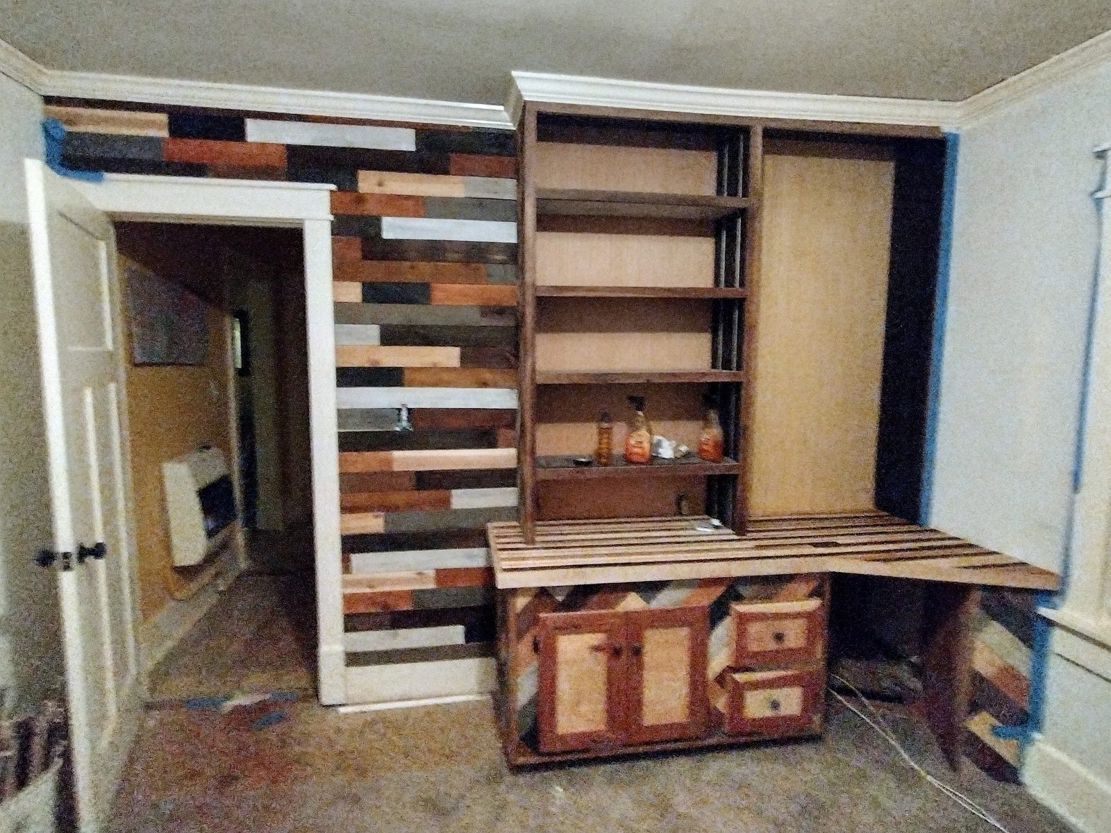 Wood accent wall and built-in desk